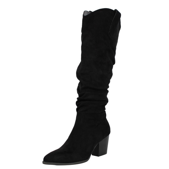 Black Faux Suede Slouchy Cowboy Pull On Knee High - Picture 2 of 6